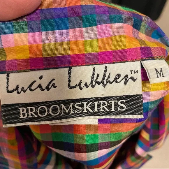 Lucia Lukken VTG Broomskirts Raw Silk Rainbow Pride Tartan Plaid Holiday Top 6 - Picture 6 of 7